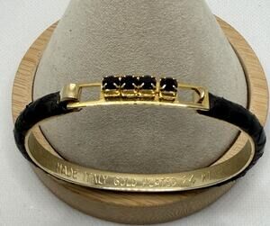 Vintage Bracelet Italy 24K Gold Plated Black Snakeskin Rhinestone Bangle 6"